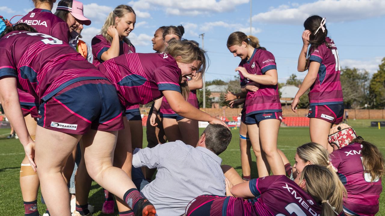 Toowoomba Bears Womens 7s celebrate their win over Roma Echnidas Womens 7s. Picture: Kevin Farmer