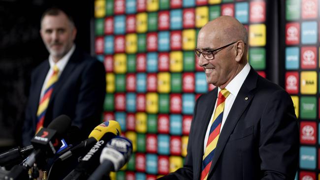 Crows chairman John Olsen and new chief executive Tim Silvers at West Lakes on Wednesday. Picture: Naomi Jellicoe