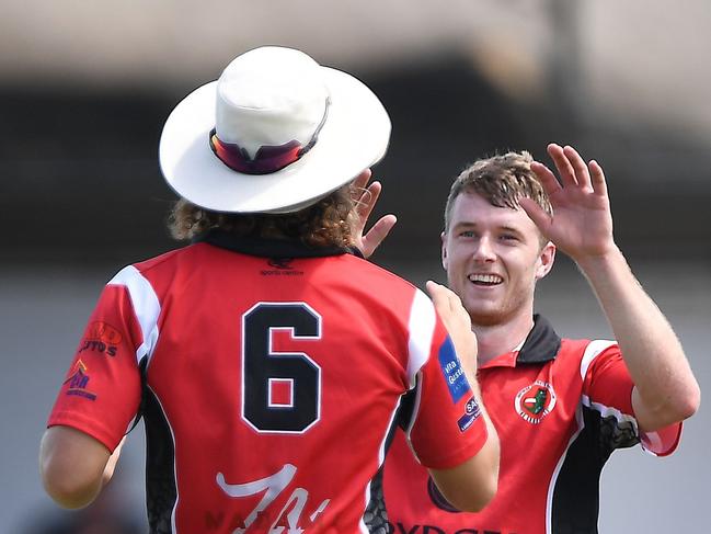 Sam Kerber celebrates a wicket for Southern Districts against Tracy Village. Picture: NT Cricket.