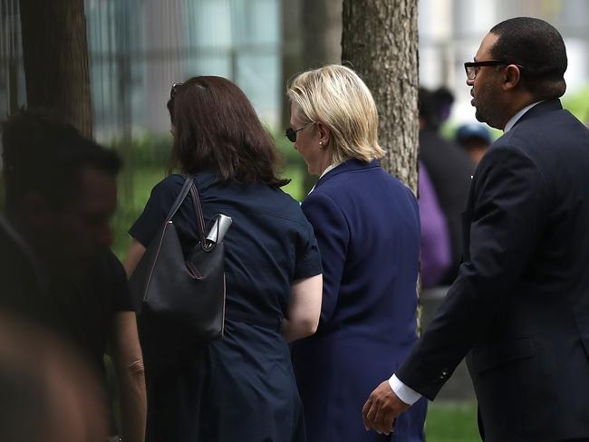 Democratic presidental nominee former Secretary of State Hillary Clinton leaves the September 11 Commemoration Ceremony. Picture: Getty