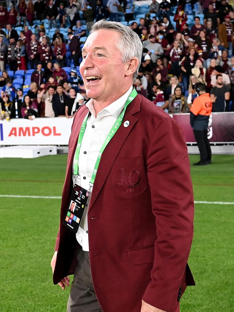 GOLD COAST, AUSTRALIA - JULY 14: Maroons coach Paul Green celebrates after winning game three of the 2021 State of Origin Series between the New South Wales Blues and the Queensland Maroons at Cbus Super Stadium on July 14, 2021 in Gold Coast, Australia. (Photo by Bradley Kanaris/Getty Images)