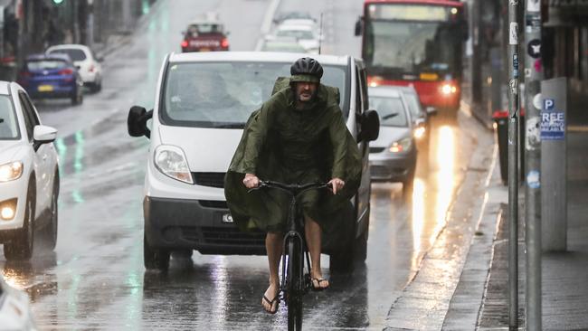 Heavy rain seen on Enmore Rd in Sydney’s inner west. Picture: Dylan Robinson