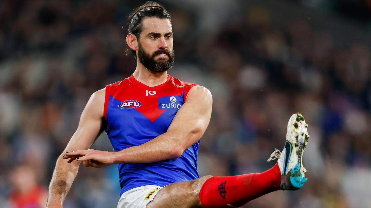 MELBOURNE, AUSTRALIA - AUGUST 12: Brodie Grundy of the Demons in action during the 2023 AFL Round 22 match between the Carlton Blues and the Melbourne Demons at Melbourne Cricket Ground on August 12, 2023 in Melbourne, Australia. (Photo by Dylan Burns/AFL Photos via Getty Images)