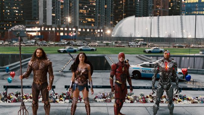 They’re all here — Jason Momoa, Gal Gadot, Ezra Miller and Ray Fisher in Justice League.