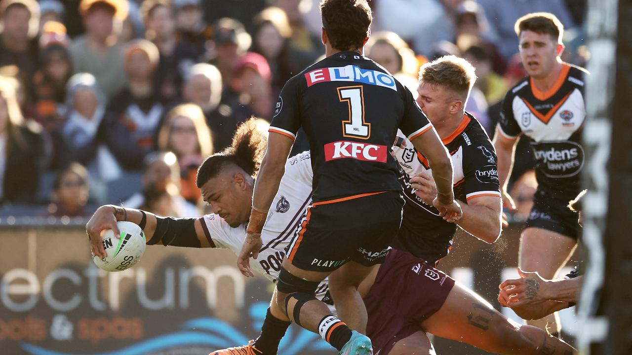 Haumole Olakau’atu scoring in the 61st minute, during the Sea Eagles’ clash against the Wests Tigers. (Photo by Matt King/Getty Images)