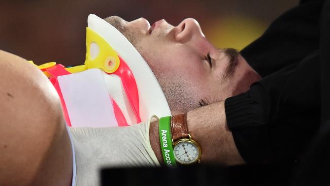 Paddy McCartin is stretchered off the field after a sickening head clash.