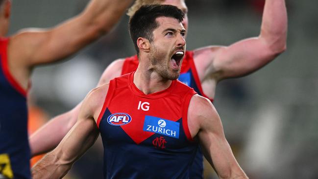 MELBOURNE, AUSTRALIA - JULY 27: Alex Neal-Bullen of the Demons celebrates a goal during the round 20 AFL match between Melbourne Demons and Greater Western Sydney Giants at Melbourne Cricket Ground, on July 27, 2024, in Melbourne, Australia. (Photo by Morgan Hancock/AFL Photos/via Getty Images)