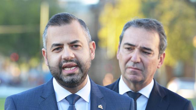 Deputy Lord Mayor Houssam Abiad with Premier Steven Marshall. Picture: Brenton Edwards/AAP