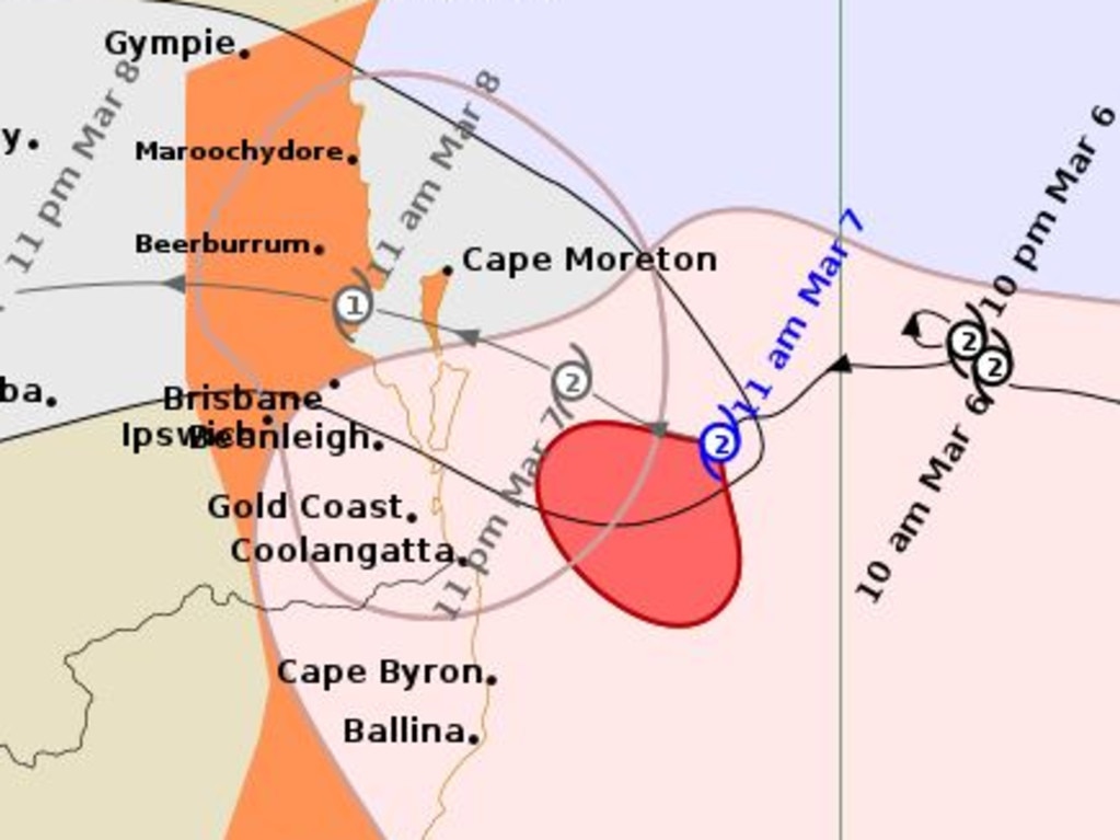 Tropical Cyclone Alfred's tracking map as of the 10.10am Bureau of Meteorology update.