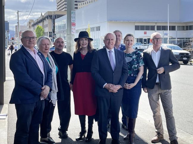 Four Hobart City elected members with two Collins Street business owners, transport minister Eric Abetz and business leader Edwin Johnstone. Picture: Genevieve Holding