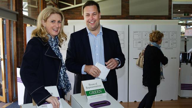 Mackellar’s Jason Falinski and wife Nichola voting at Mona Vale Memorial Hall