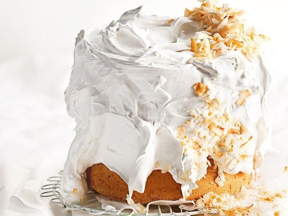 Coconut chiffon cake with meringue icing.