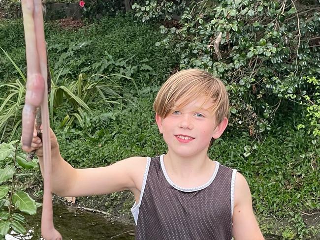 Barnaby Domigan discovered the massive worm in his backyard in New Zealand. Picture: Facebook/Jo Domigan