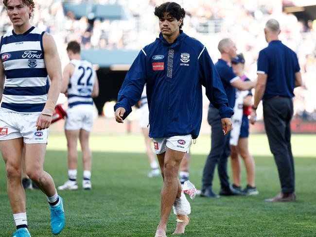 Lawson Humphries was taken out of the game after an injury scare. Picture: Michael Willson/AFL Photos via Getty Images