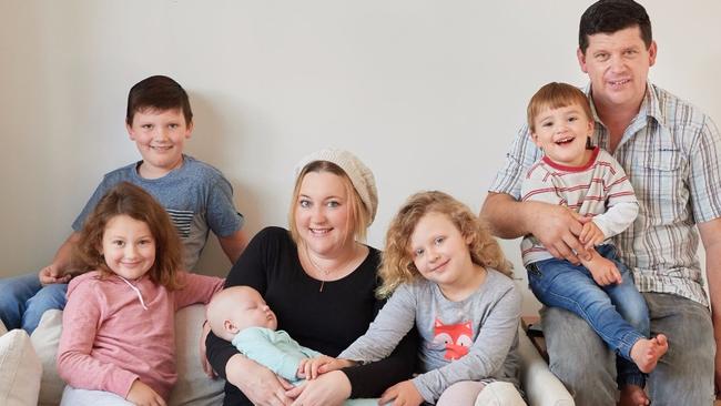 Mother-of-five Felicity Plew was diagnosed with brain cancer this year. Pictured with her husband Simon and children Alexander, 8, Gracie, 6, Sophia, 4, Charlie, 2, and baby Jesse.