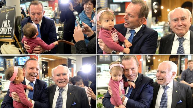 Warringah MP Tony Abbott on the campaign trail on Monday with former PM John Howard. Pictures: Jeremy Piper