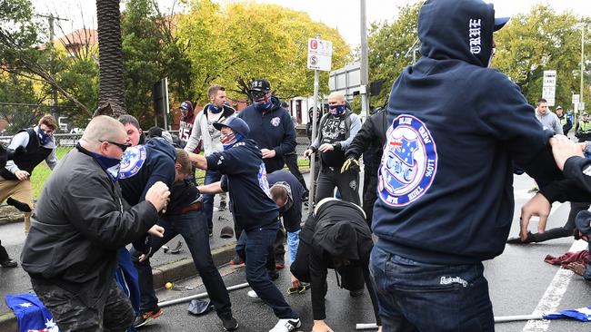 United Patriots Front anti Islam protesters and No Room for Racism protesters clash on Bell St in Coburg. Picture: Jake Nowakowski