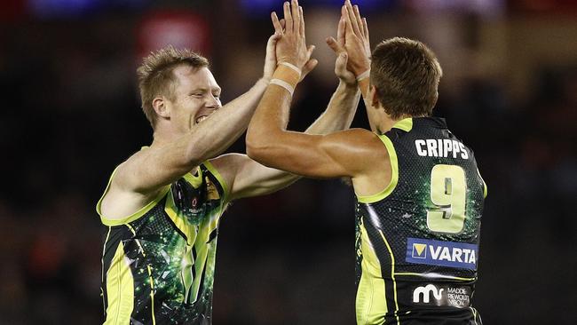 Jack Riewoldt and Patrick Cripps celebrate during AFLX.