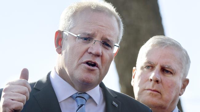 Prime Minister Scott Morrison and Nationals leader Michael McCormack speak to media in Tasmania. Picture: Chris Kidd