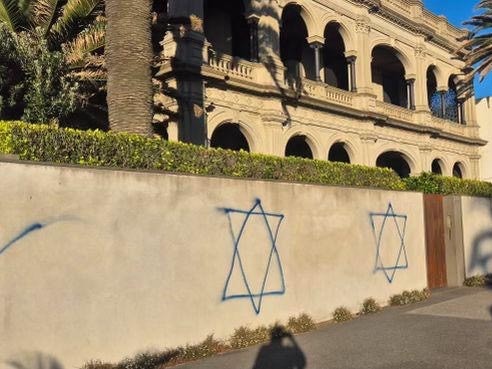 The Middle Park home of Victoria's most successful Jewish businesswomen was attacked by vandals on Friday January 31, with antisemitic graffiti drawn across her front fence. The Beaconsfield parade mansion is owned by a member of one of the state's most well-known Jewish families. Picture: Supplied