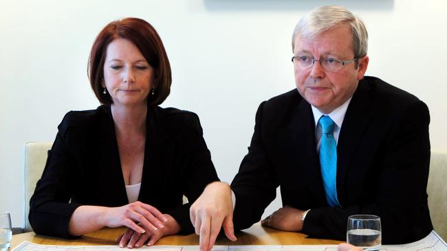 Former prime ministers Julia Gillard and Kevin Rudd in 2010.