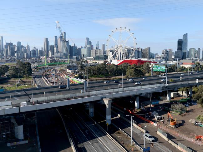 The view of Melbourne city and the inner west from a flyover on the soon to be completed West Gate Tunnel Project at Footscray. Picture: Andrew Henshaw