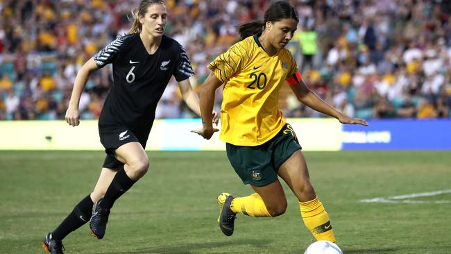 Matildas captain Sam Kerr breaks away from New Zealand defender Rebekah Stott during their Cup of Nations match at Leichhardt Oval. Picture: Getty Images