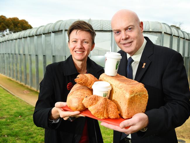 STREAT CEO Rebecca Scoot and Melbourne Youth Justice Centre Secure Services director Ian Lanyon are launching a new program teaching kids to make coffee and bake bread. Picture: Josie Hayden