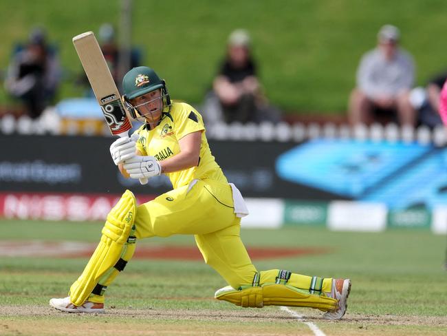 Alyssa Healy plays a shot on her way to a century in the World Cup semi-final against the West Indies. Picture: AFP