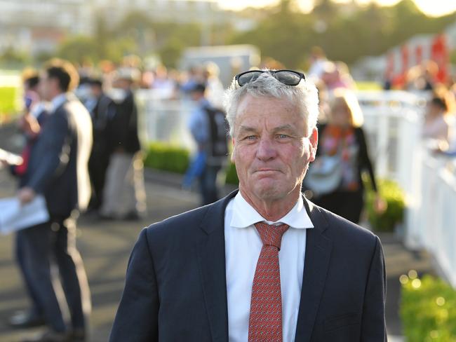 Trainer Gregory Hickman is seen in the mounting yard after Phoebe's Lass wins race 7, the Australian Turf Club Handicap, during Twilight Racing at Royal Randwick Racecourse in Sydney, Thursday, November 22, 2018. (AAP Image/Simon Bullard)