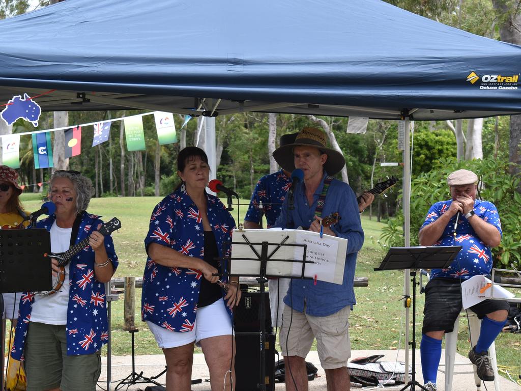 Lorrie Powell (left), Julie Williams, Peter Rosier and Frank Yeats (right) playing in Mackay Ukulele Group at St Helens Australia Day Celebration, January 26, 2022. Picture: Madeleine Graham