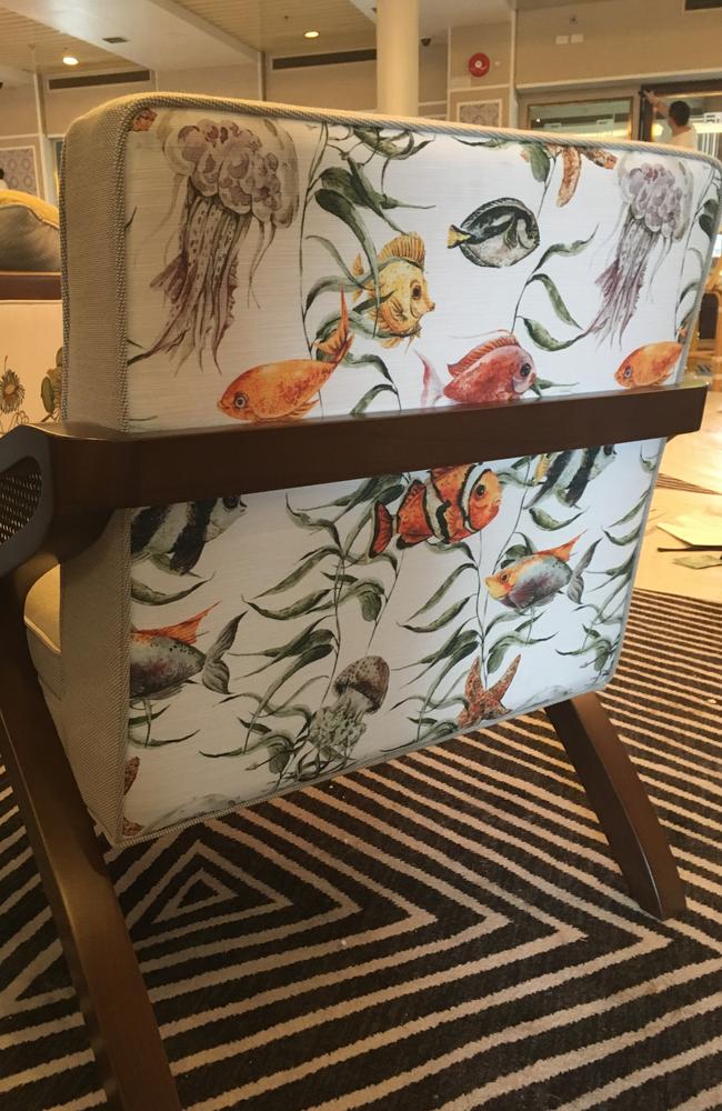 French designed fabric on chairs in The Orient, on board the Pacific Dawn. Picture: Supplied