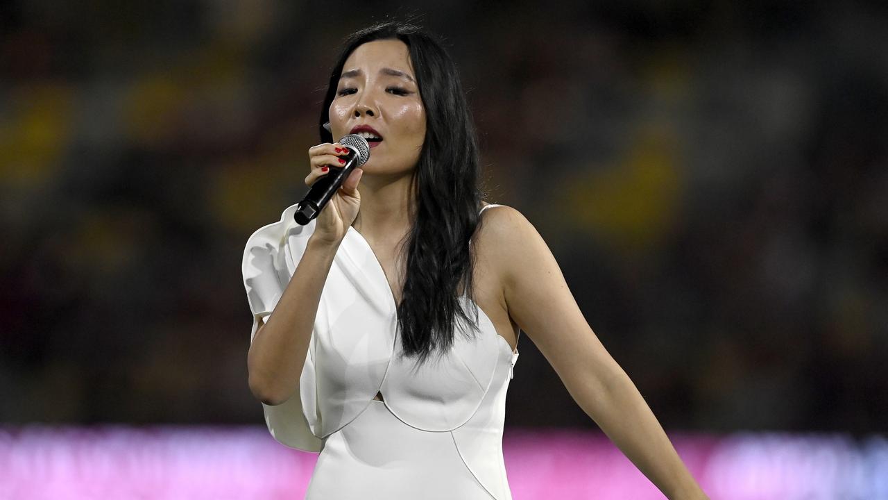 Dami Im performs the national anthem. (Photo by Ian Hitchcock/Getty Images)