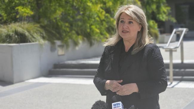 Liberal member for Clark Madeleine Ogilvie speaks to the media at Parliament Square in Hobart on Thursday, November 21, 2024.