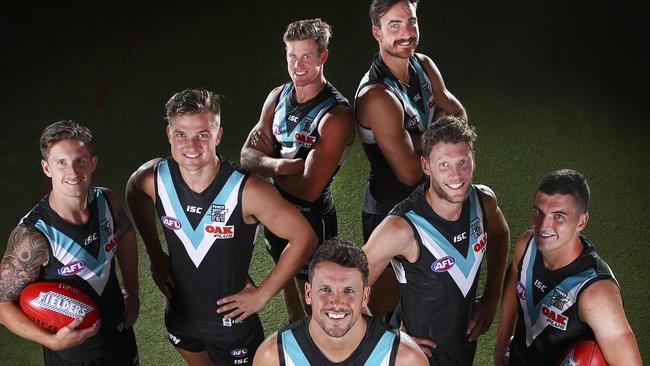 Port Adelaide’s leadership group. Captain Travis Boak at front, and from left, Hamish Hartlett, Ollie Wines, Brad Ebert, Tom Rockliff, Tom Jonas and Charlie Dixon. Picture: Sarah Reed