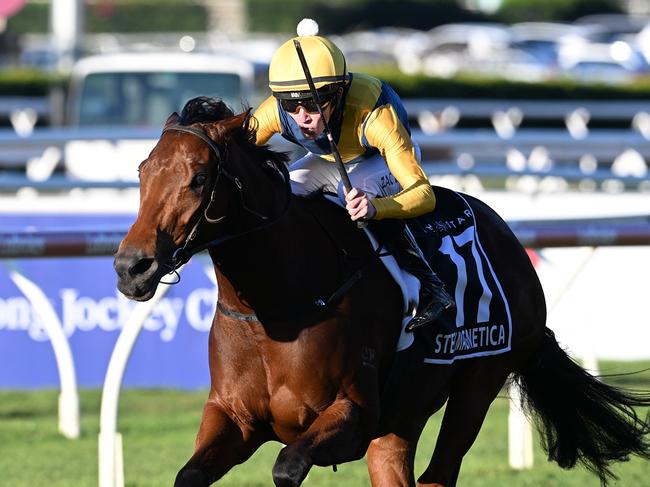 Zac Lloyd breaks through for his maiden Group 1 aboard Stefi Magnetica in the Stradbroke Handicap for trainer Bjorn Baker. Picture: Grant Peters - Trackside Photography.