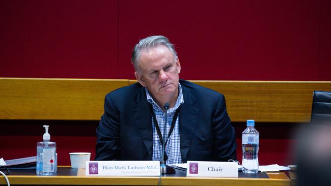 NSW Upper House MLC Mark Latham at the hearing held at the NSW Parliament. Picture: NCA NewsWire / Christian Gilles