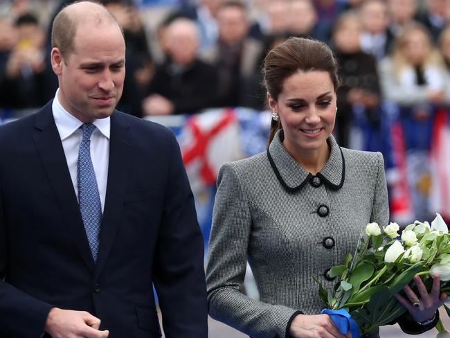 LEICESTER, ENGLAND - NOVEMBER 28: Prince William, Duke of Cambridge and Catherine, Duchess of Cambridge Cambridge pay tribute to those who were tragically killed in the helicopter crash on Saturday 27th October at Leicester City Football Clubs King Power Stadium on November 28, 2018 in Leicester, United Kingdom. (Photo by Neil P. Mockford/Getty Images)