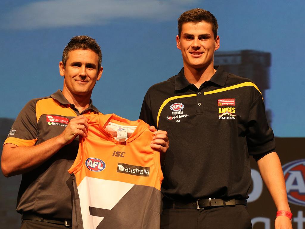 Former GWS Giants coach Leon Cameron with Tom Boyd after he was taken at pick 1 in 2013. Picture: Wayne Ludbey.