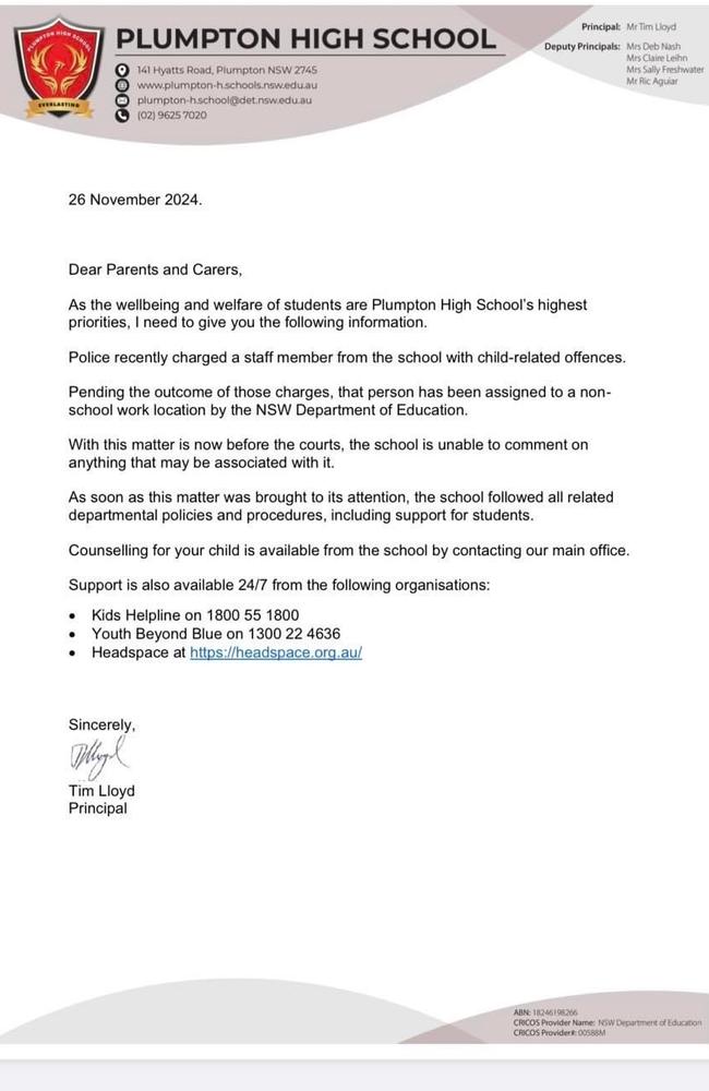 Plumpton High School principal Tim Lloyd sent a letter to parents revealing a staff member had been charged.