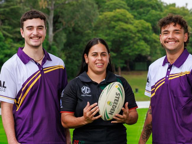 Daily Telegraph. 09, May, 2024.Students at GOAL College and South Sydney Rabbitohs, Kobe Knight, Nakia Davis-Welsh, and Zion Stewart at the University of Sydney, today.Four Indigenous students at GOAL College will receive University of Sydney scholarships worth $20,000 and targeted help transitioning into uni.Picture: Justin Lloyd.