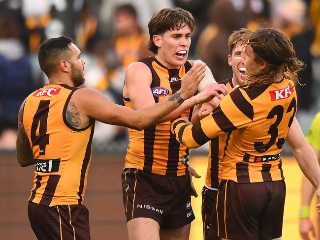 Will Day and Jack Ginnivan’s goal celebration that had some wondering about tension between the pair. Picture: Morgan Hancock/AFL Photos/via Getty Images