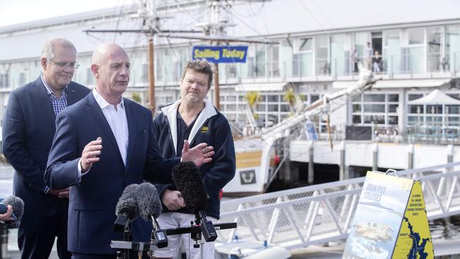 Prime Minister Scott Morrison, Tasmanian Premier Peter Gutwein an Robert Pennicott visits Pennicott Wilderness Journeys at Hobart. Picture Chris Kidd