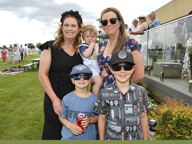 Ladbrokes Sale Cup. Racegoers are pictured attending Cup Day horse races at Sale Turf Club, Sunday 27th October 2024. Sharon Fleming, Tex, Dusty, Cash and Sarah Collins. Picture: Andrew Batsch