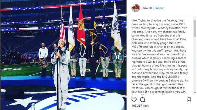 Pink rehearses for her Super Bowl performance as she fights a dose of the flu in freezing temperatures at US Bank Stadium in Minneapolis, Minnesota. Picture: Instagram.