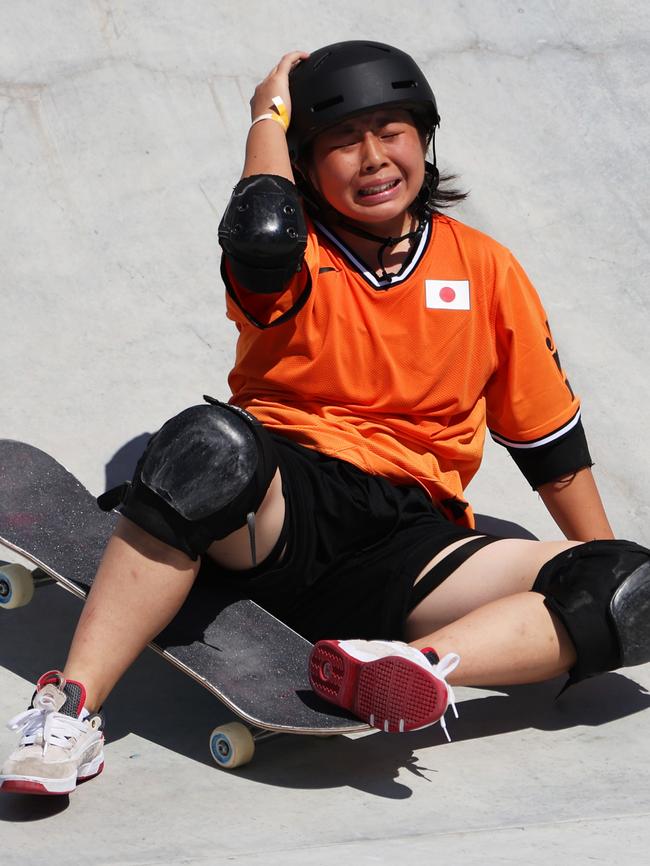 Misugu Okamoto in tears after crashing on her last trick. Picture: Jamie Squire/Getty Images