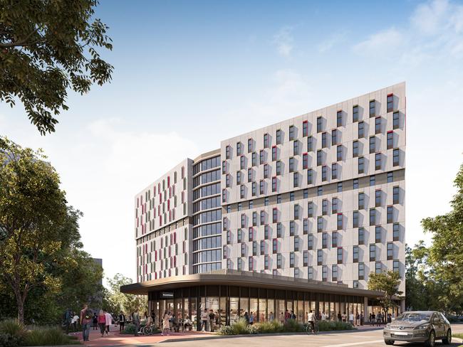 Render of what a new 459-bed Griffith University student accommodation tower will look like once it is built. Picture: Supplied