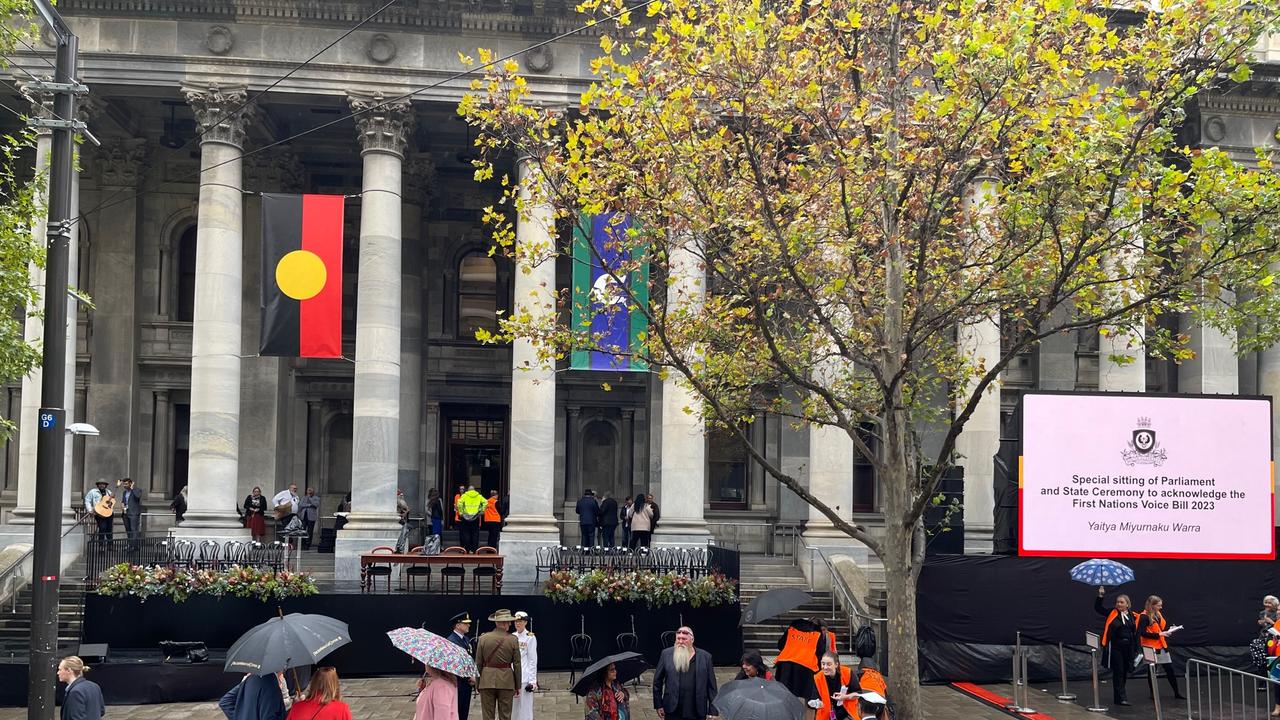 A slow start to the Voice to Parliament festivities at Adelaide's Parliament House due the poor weather. Picture: Russell Millard