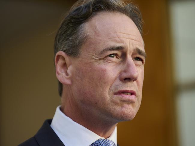 CANBERRA, AUSTRALIA - AUGUST 20: Health Minister Greg Hunt speaks during a press conference on August 20, 2021 in Canberra, Australia. Prime Minister Scott Morrison has confirmed 94 evacuees from Kabul had arrived in Perth in the early hours of this morning as part of Australia's evacuation mission in Afghanistan, with an additional 60 evacuees were transferred from Kabul to the base in the UAE last night, a combination of Australians and Afghan visa holders. (Photo by Rohan Thomson/Getty Images)