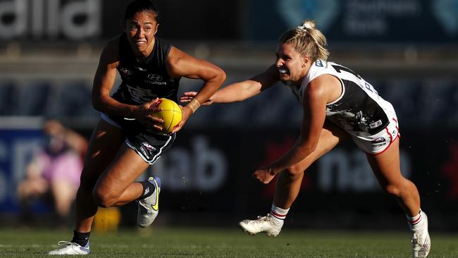 Darcy Vescio became the first player to kick 50 career goals in the AFLW competition. Picture: Dylan Burns